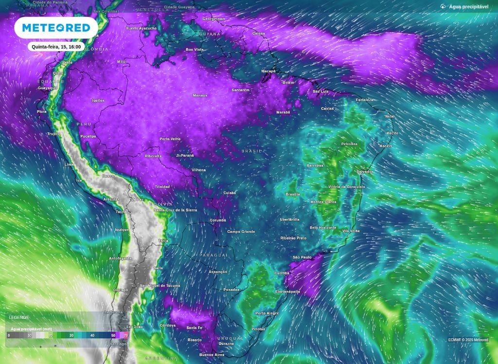 Água precipitável para a tarde desta quinta-feira (15).