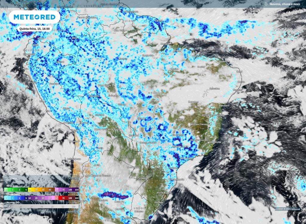 Precipitação prevista para a tarde desta quinta-feira (15).