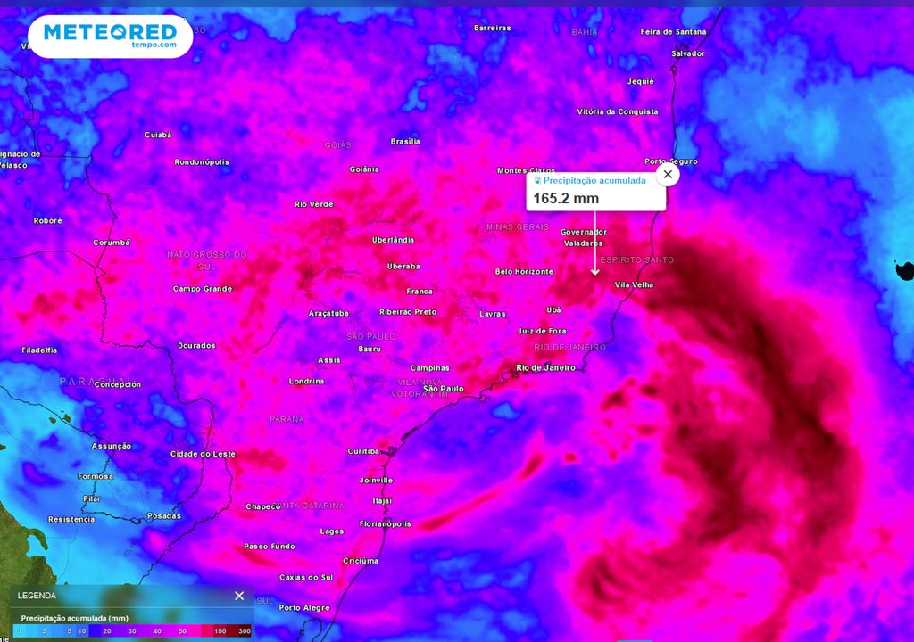 Previsão de acumulados totais de chuva até o domingo (18).