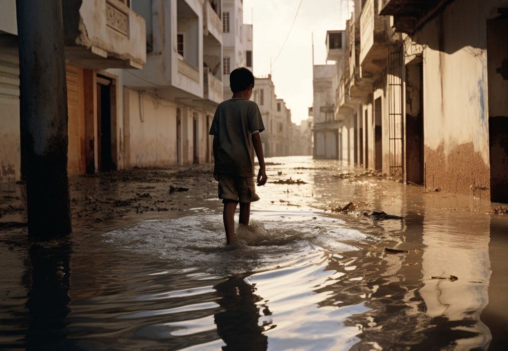 Criança na enchente devido aos eventos extremos climáticos