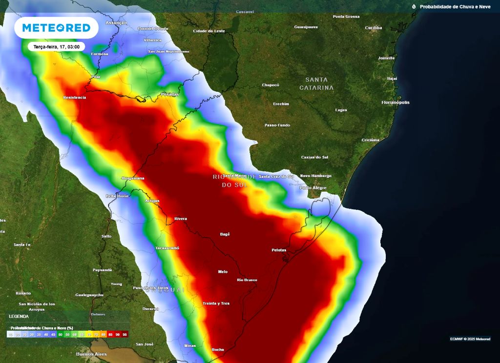 Mapa de probabilidade de precipitação para a madrugada de terça-feira (17), segundo o modelo ECMWF. Mapa de probabilidade de precipitação para a madrugada de terça-feira (17), segundo o modelo ECMWF.