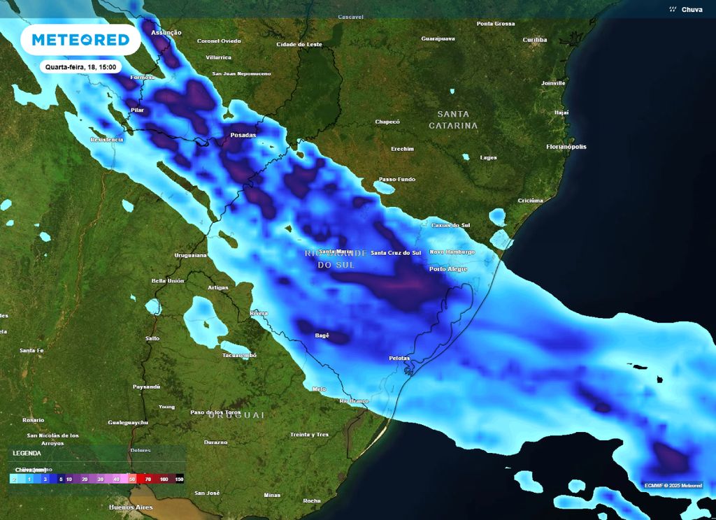 Mapa de precipitação prevista para a tarde de quarta-feira (18). Mapa de precipitação prevista para a tarde de quarta-feira (18).