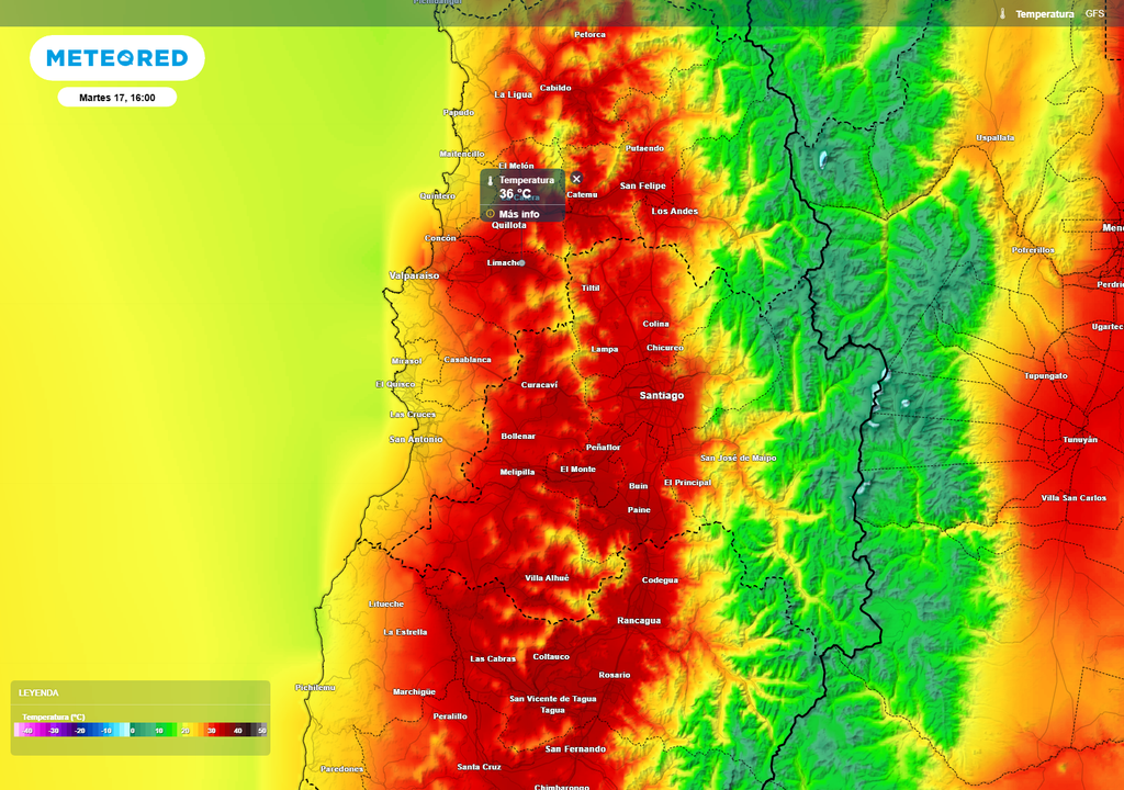 Se esperan temperaturas extremas en sectores interiores del centro-norte con máximas que podrían superar los 35 °C en valles y precordillera, producto de la dorsal en altura que favorece la acumulación de calor en superficie.