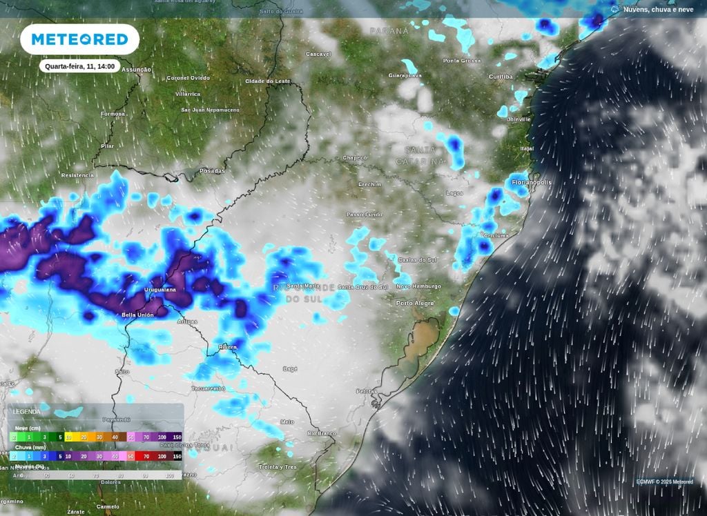 Previsão de chuva para esta quarta-feira (11) sobre o Sul do Brasil.