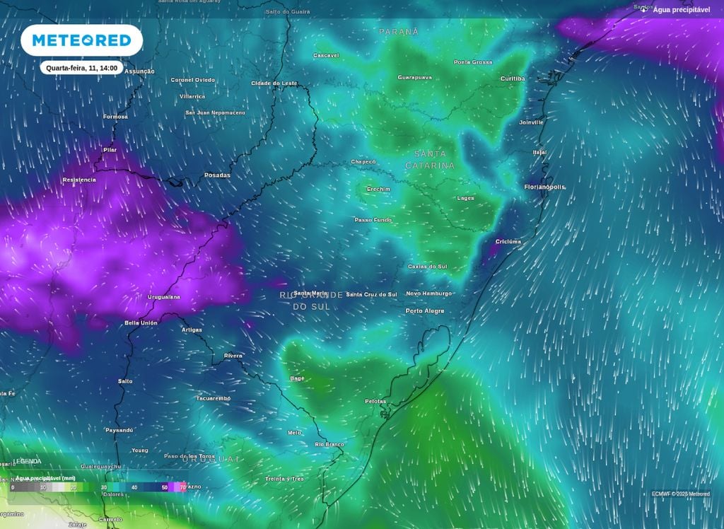 Água precipitável disponível na tarde desta quarta-feira (11) sobre áreas da Região Sul.