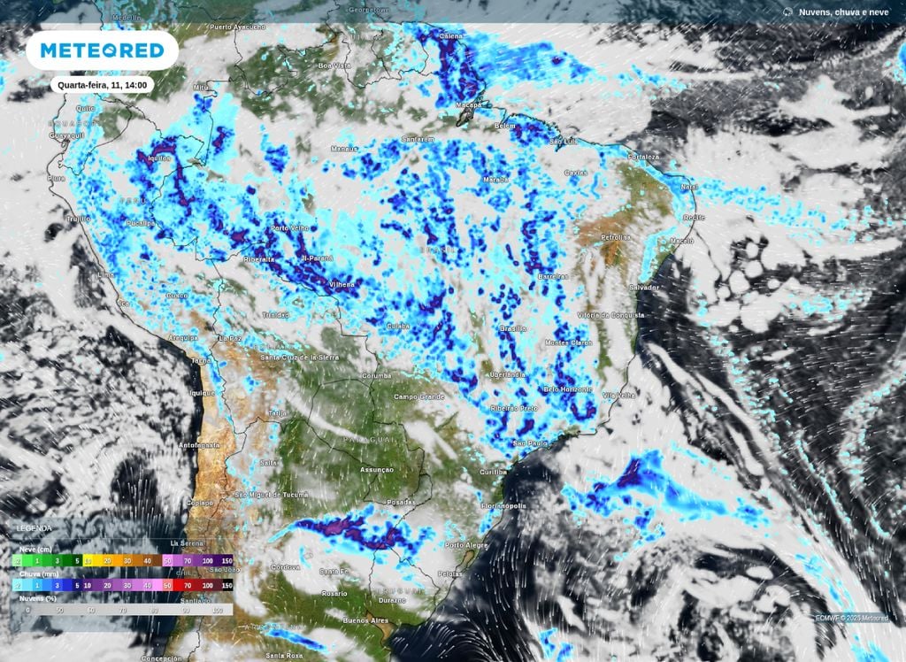 Previsão de chuva para esta quarta-feira (11) sobre o Brasil.