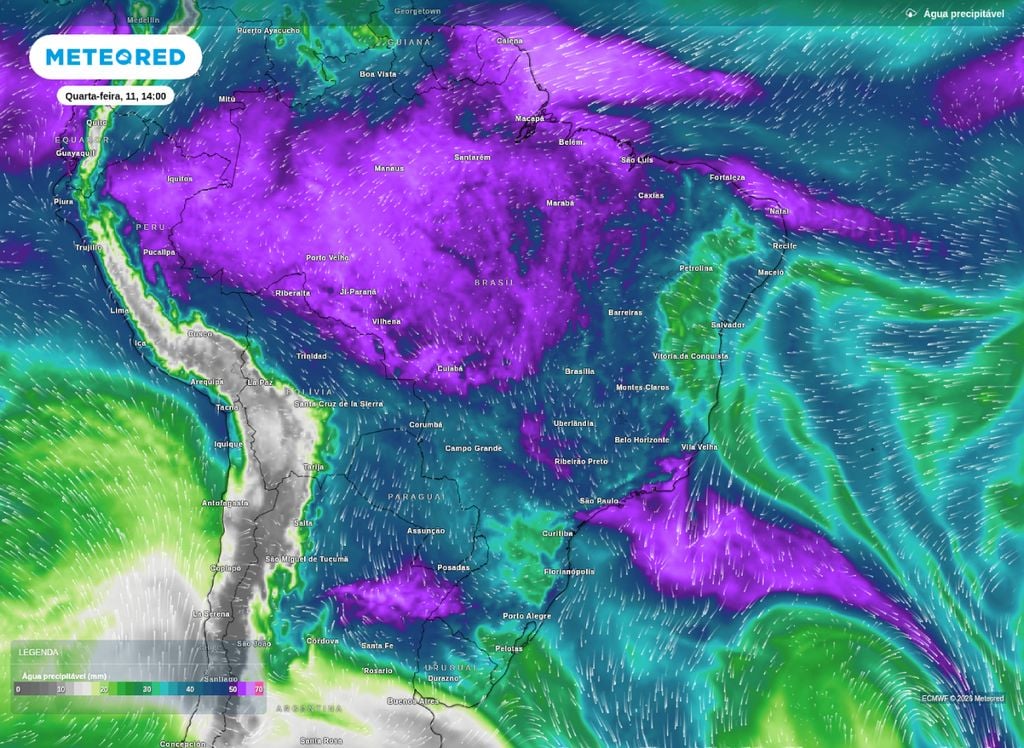 Água precipitável disponível na tarde desta quarta-feira (11) sobre o Brasil, de acordo com o modelo ECMWF..
