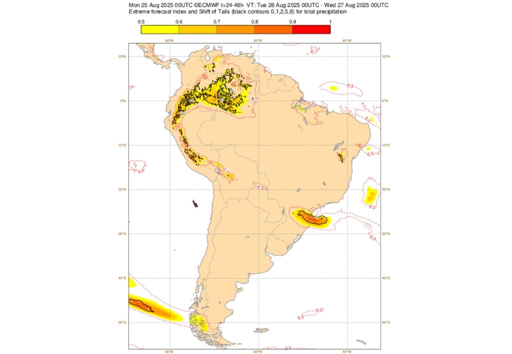 EFI do ECMWF para precipitação, entre terça (26) e quarta-feira (27). Créditos: ECMWF.