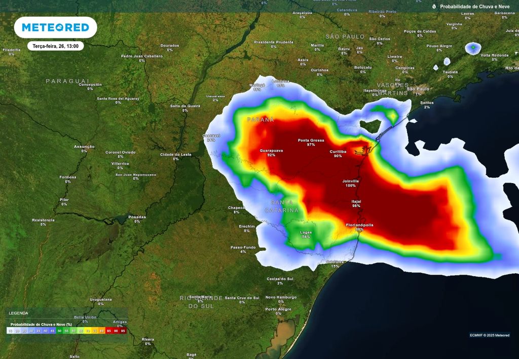 Probabilidade de chuva nesta terça-feira (26), de acordo com o ECMWF.