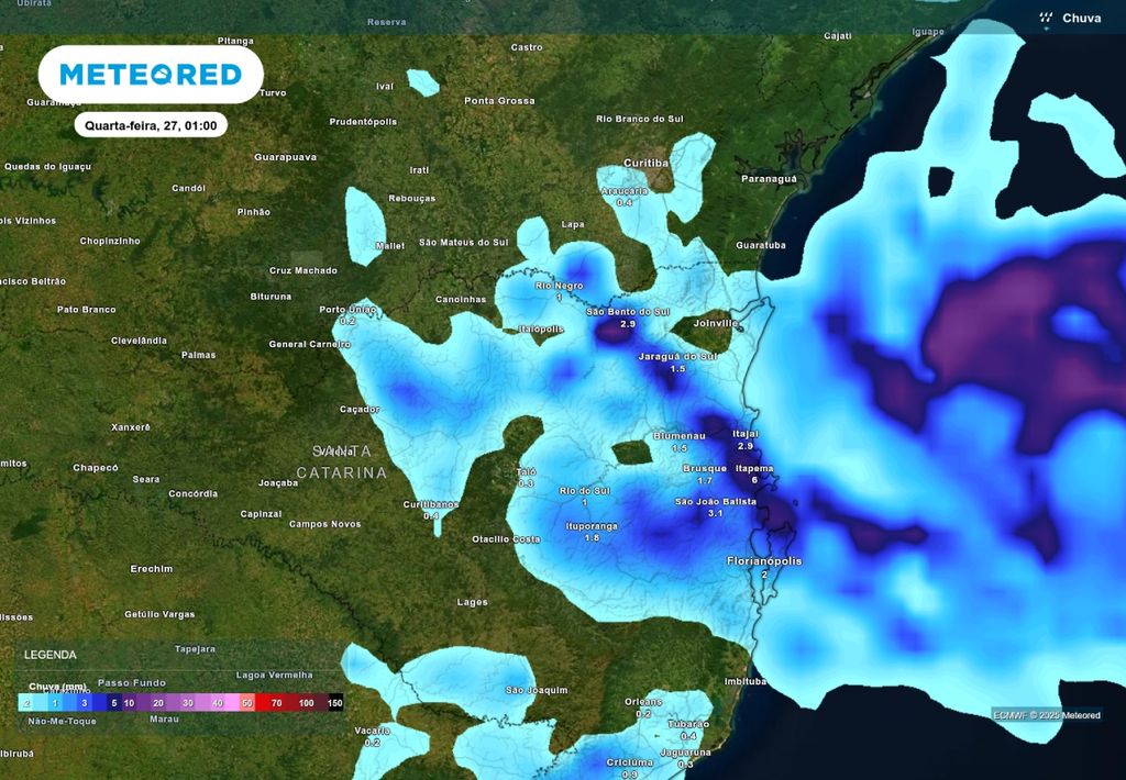 Previsão de chuva na madrugada de quarta-feira (27), de acordo com o ECMWF.