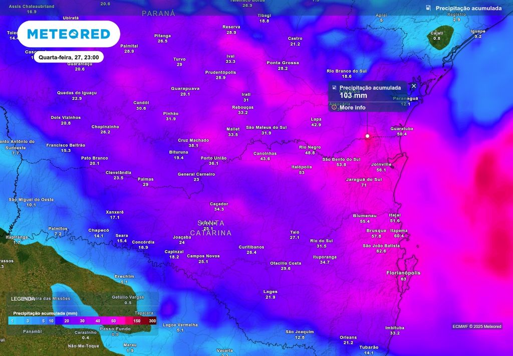 Previsão de chuva acumulada até a noite de quarta-feira (27), de acordo com o ECMWF.