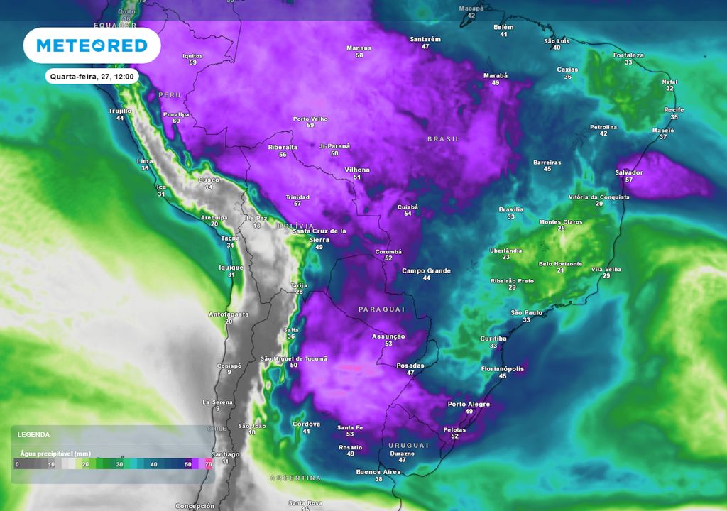 Previsão de conteúdo de água precipitável na quarta-feira. Previsão de conteúdo de água precipitável na quarta-feira.