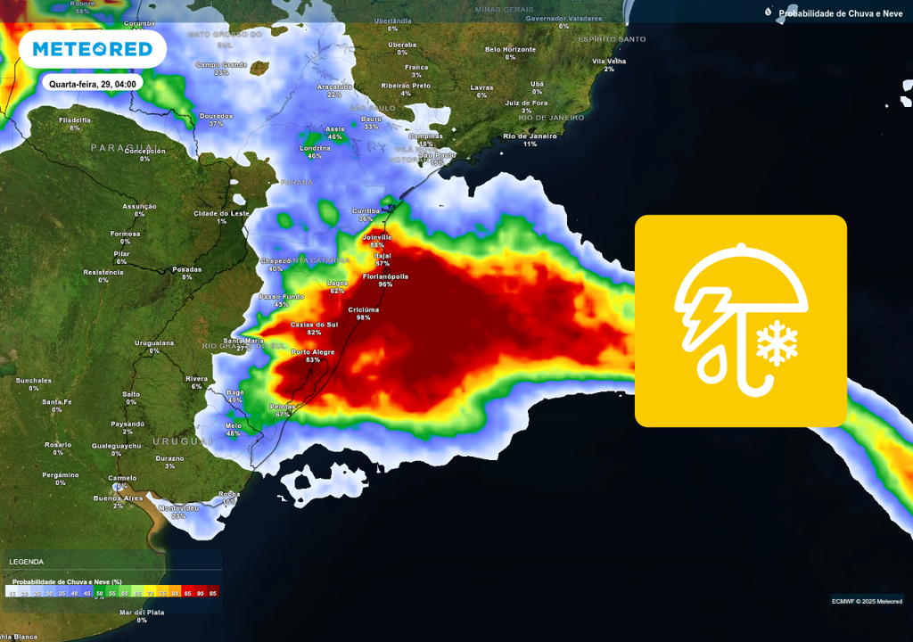A formação de um ciclone na costa do Brasil nesta quarta-feira (29) deixa a faixa leste entre RS e SC em alerta para volumes elevados de chuva.