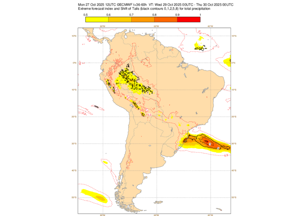 EFI do ECMWF para a precipitação nesta quarta-feira (29). Créditos: ECMWF.
