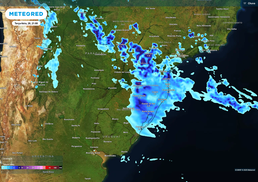 Previsão de chuva na noite desta terça-feira (28), de acordo com o ECMWF.