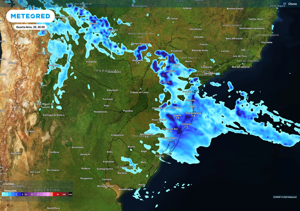 Previsão de chuva nesta quarta-feira (29) de acordo com o ECMWF.