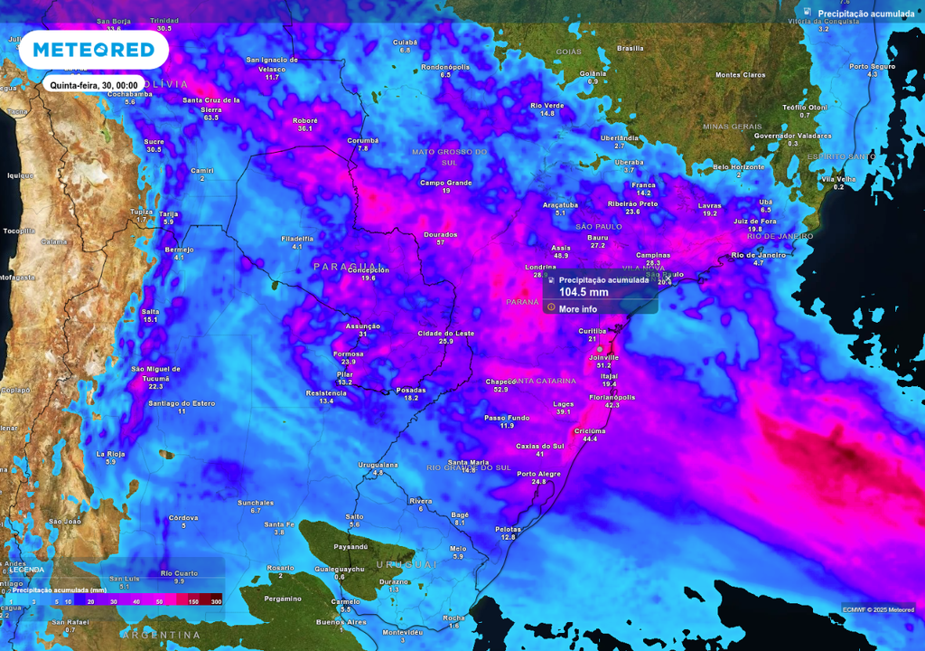 Previsão de chuva acumulada até quarta-feira (29), de acordo com o ECMWF.