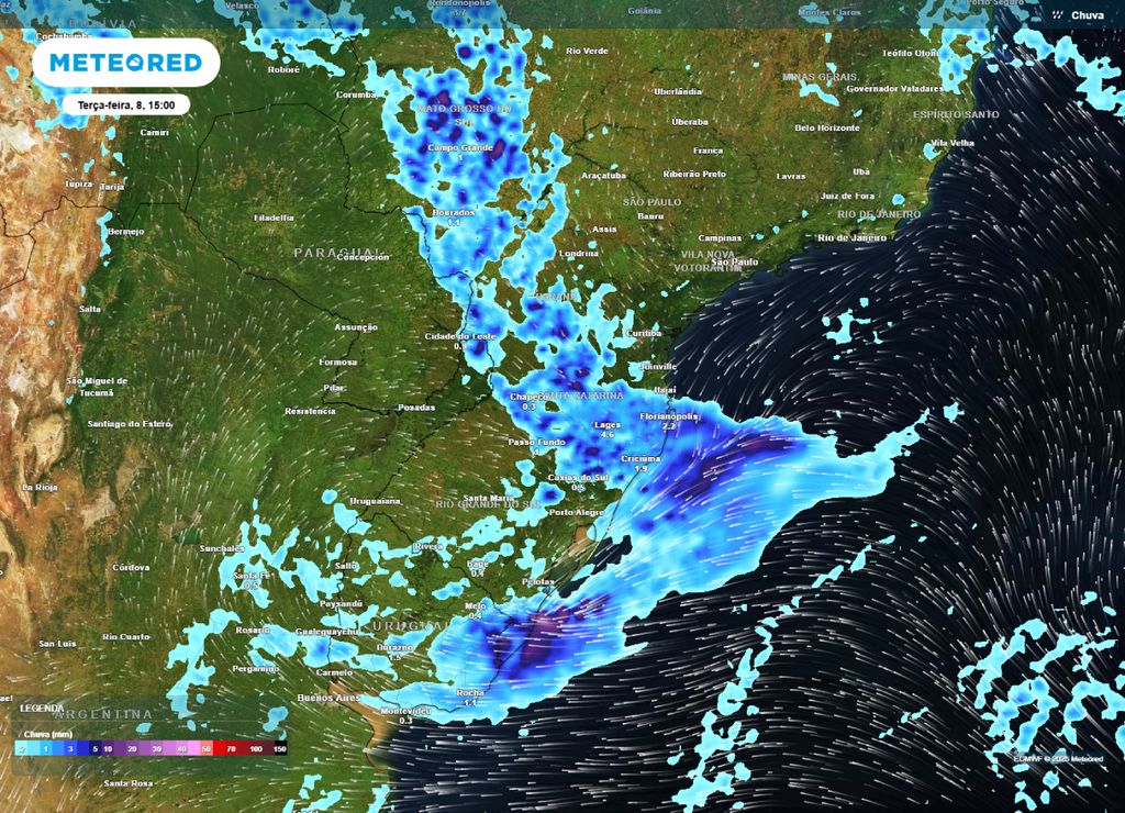 Chuva prevista para o Sul do Brasil, na tarde de terça-feira (08).