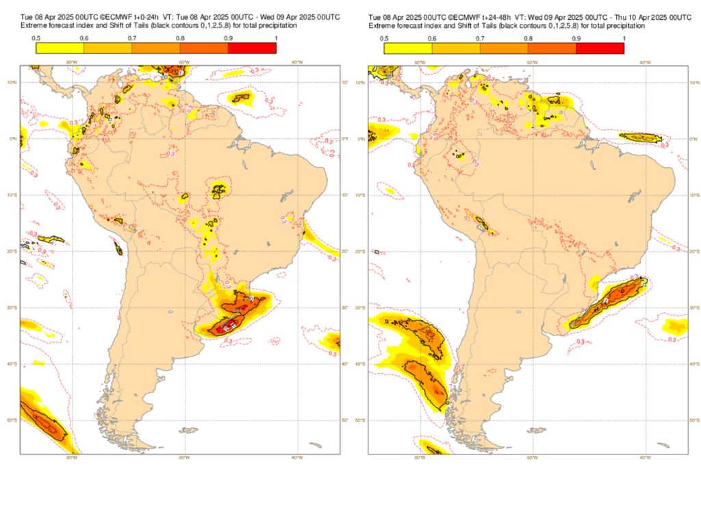 Índice de previsão extrema do ECMWF destacando condições incomuns e extremas.
