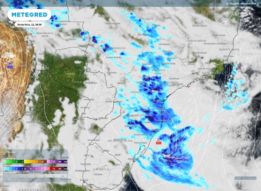 Mapa de precipitação Chuva e nebulosidade prevista para a manhã desta sexta-feira (12) sobre a Região Sul, Centro-Oeste e Sudeste.