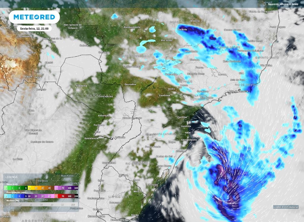 Precipitação. Mapa de precipitação para a noite de sexta-feira (12), de acordo com o modelo ECMWF.