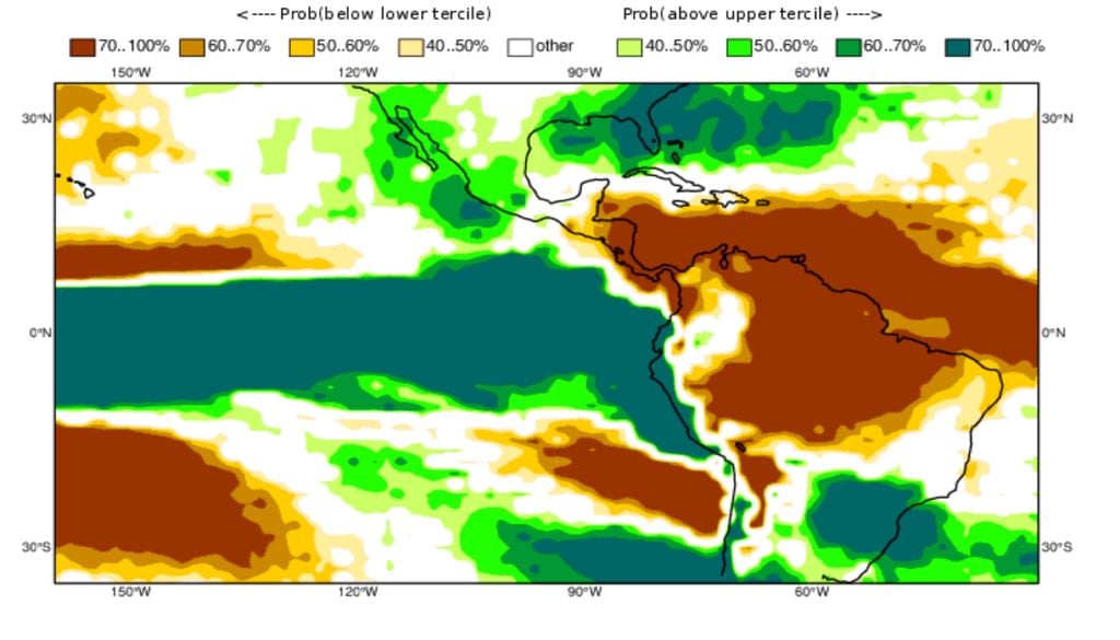previsão, clima, chuva A previsão sazonal para outubro a dezembro de 2026 indica maior probabilidade de chuva acima do normal em áreas do Sul do Brasil, elevando o risco de excesso de umidade para trigo e fruticultura.