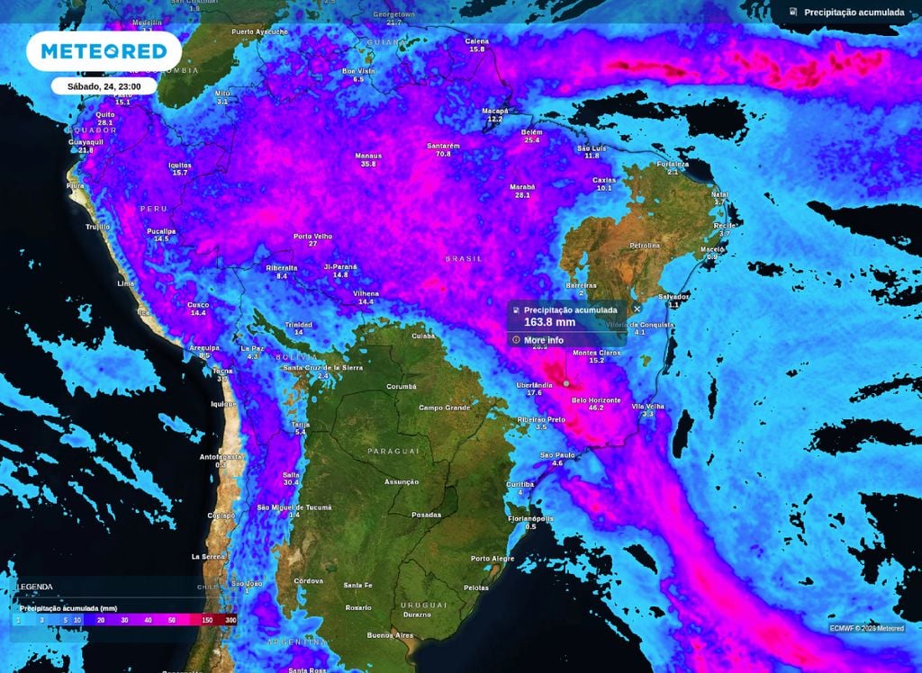 Precipitação acumulada prevista para até o final da noite de sábado (24).