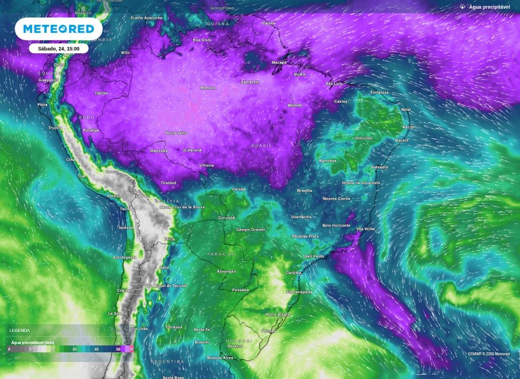 Previsão de água precipitável para a tarde de sábado (24), segundo o modelo ECMWF.