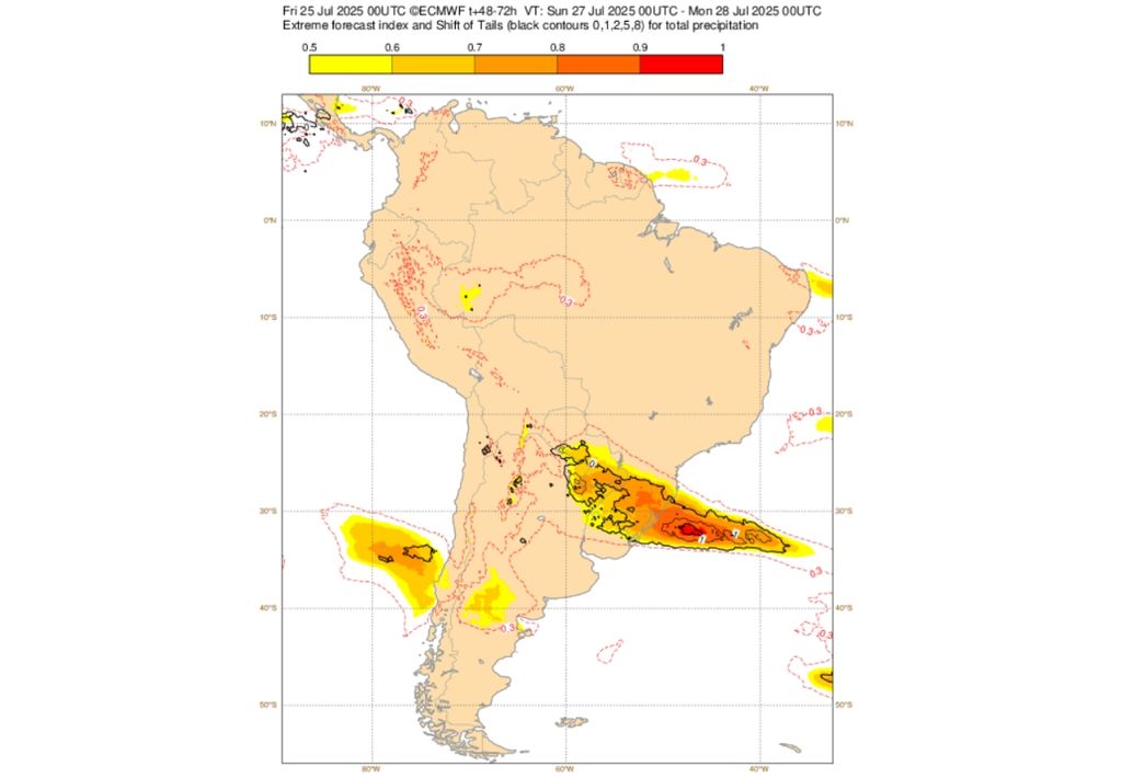 Índice de previsão extrema para precipitação neste domingo (27). Créditos: ECMWF.