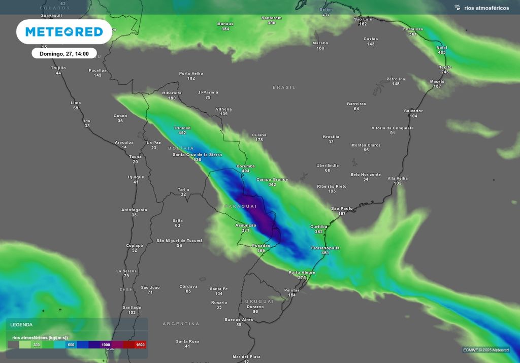Previsão de rio atmosférico sobre o Rio Grande do Sul neste domingo (27), de acordo com o ECMWF.