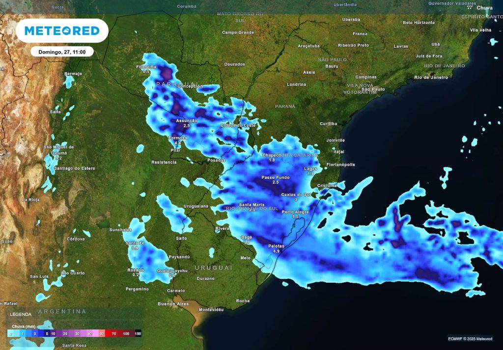 Previsão de chuva no domingo (27) de acordo com o modelo ECMWF.