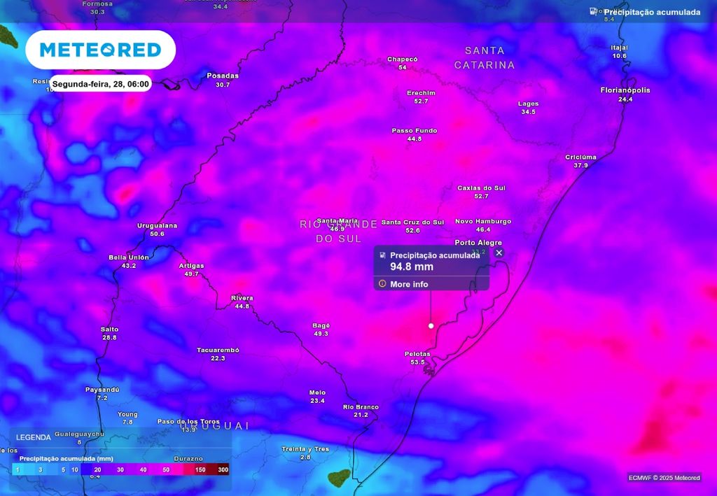 Previsão de chuva acumulada até segunda-feira (28), de acordo com o ECMWF.
