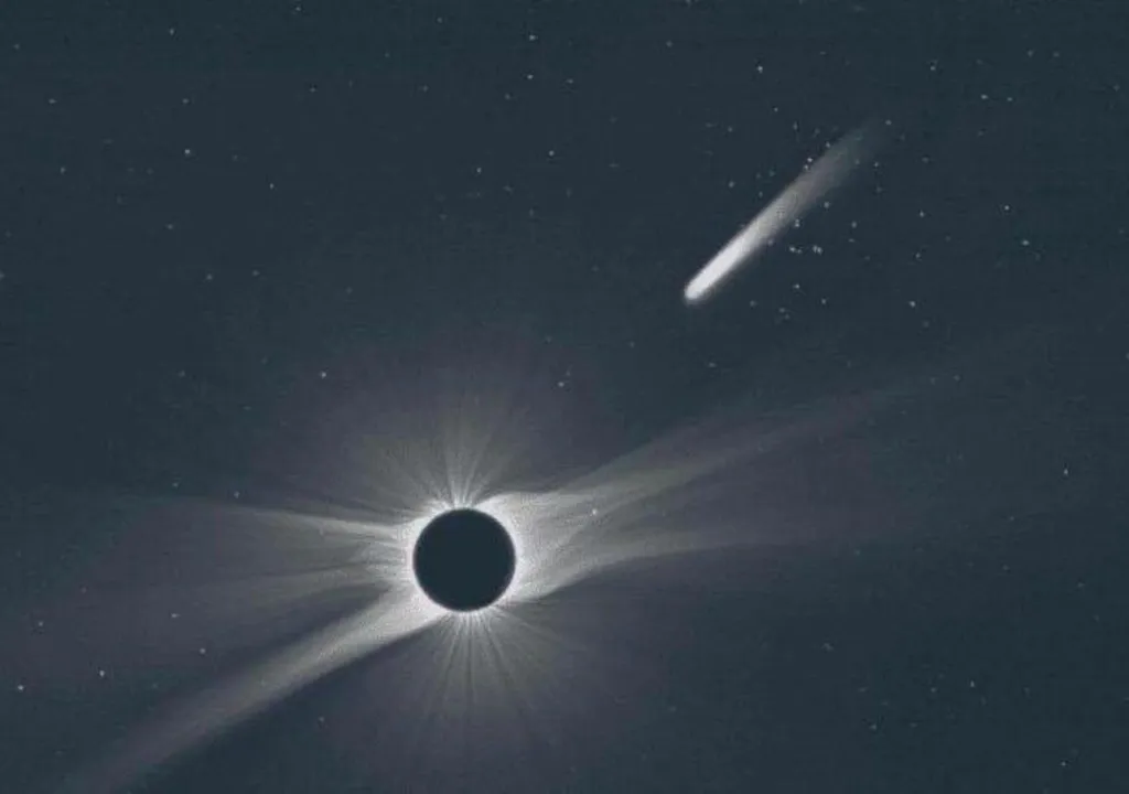 Composición artística de eclipse y cometa. Crédito: Ecoosfera