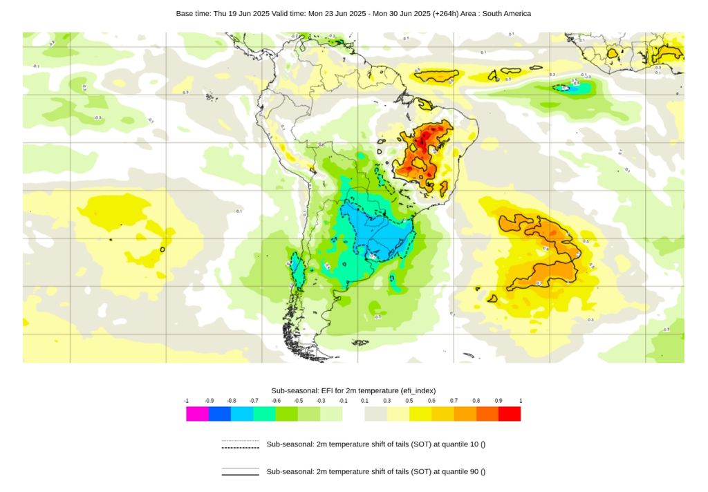 EFI do modelo ECMF indica evento incomum de frio. Créditos: ECMWF.