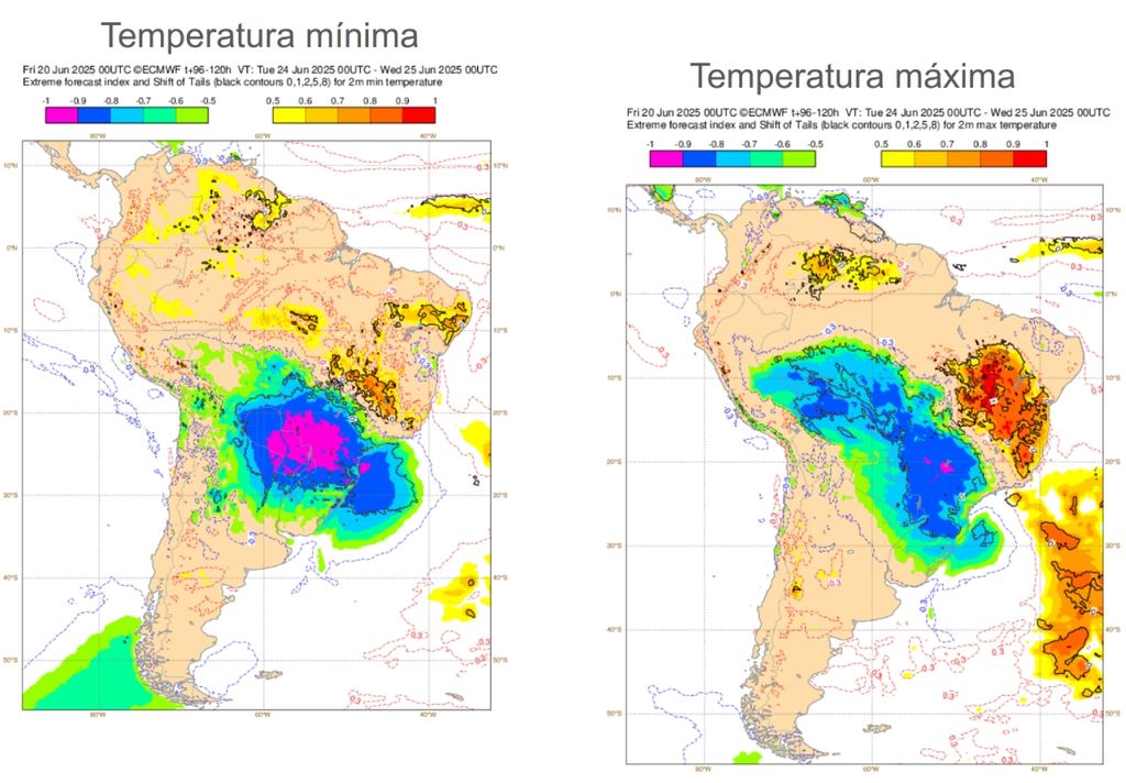 EFI do modelo ECMWF para temperatura mínima (esquerda) e máxima (direita) na terça-feira (24).