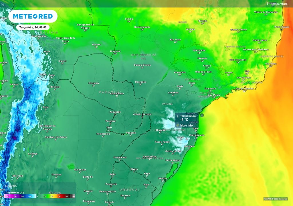 Previsão de temperatura mínima terça-feira (24), de acordo com o ECMWF.