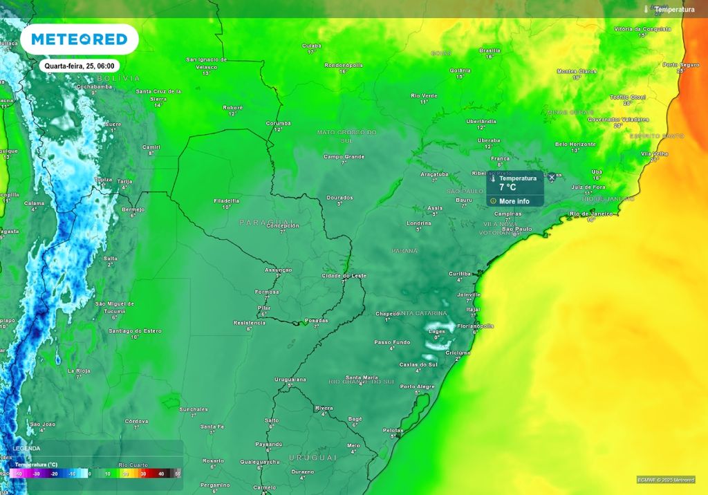 Previsão de temperatura mínima terça-feira (24), de acordo com o ECMWF.