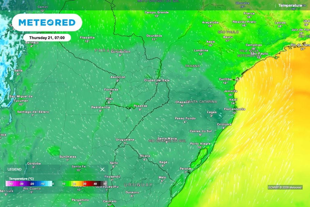 frio, geada, SC, PR, RS Temperatura prevista para quinta-feira (21) mostra madrugadas frias no Sul, com marcas baixas no RS, SC e PR e maior risco de geada em áreas de altitude.