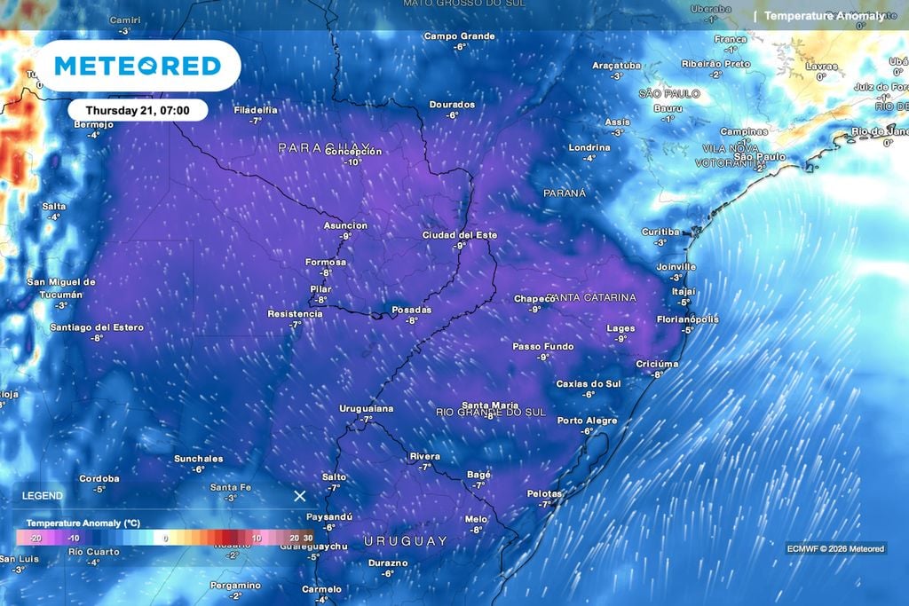 Geada, sul, sudeste Anomalia de temperatura para quinta-feira (21) destaca frio abaixo da média em grande parte do Sul, reforçando o risco de geada e estresse nas pastagens.