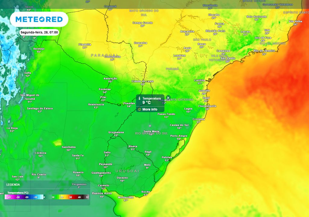 Previsão de temperatura mínima na segunda-feira durante a madrugada. Previsão de temperatura mínima na segunda-feira durante a madrugada.