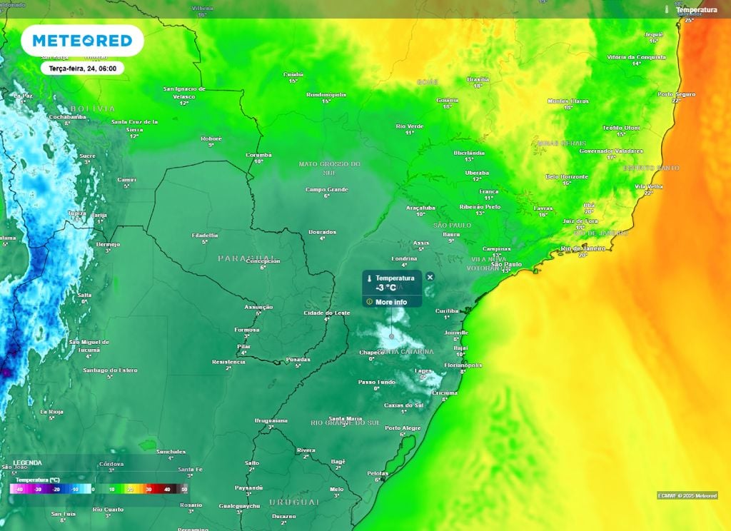 Temperatura mínima prevista para o Brasil na manhã de terça-feira (24).