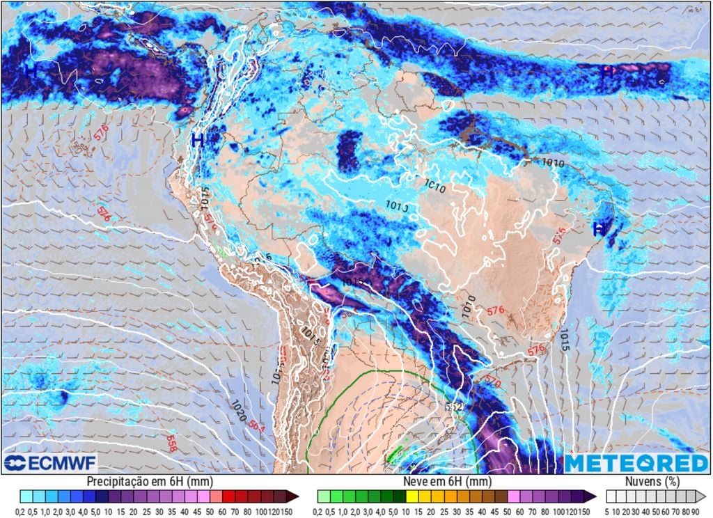 Mapa de previsão de precipitação, pressão a nível médio do mar, ventos e isoterma de 0°C para a tarde de segunda-feira (23)