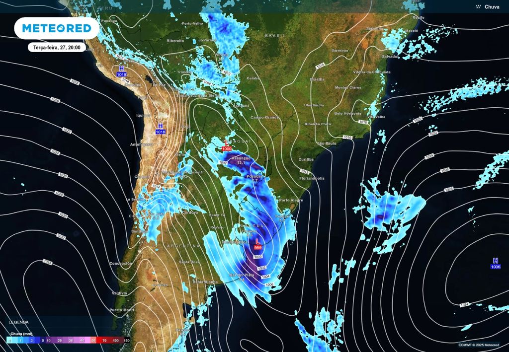 Atuação de frente fria a partir de terça-feira (27) causará chuvas expressivas sobre o Rio Grande do Sul.