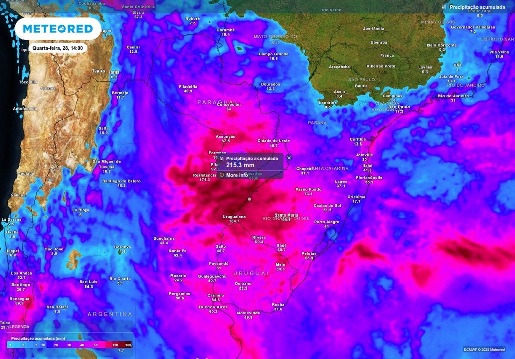 Previsão de chuva acumulada até o fim da terça-feira (27) de acordo com o modelo ECMWF.