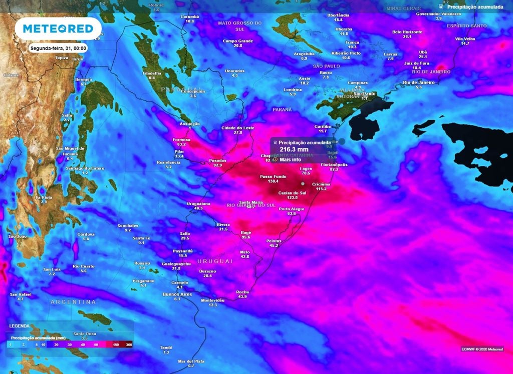 Precipitação acumulada. Previsão de precipitação acumulada até domingo (30), de acordo com o modelo ECMWF.