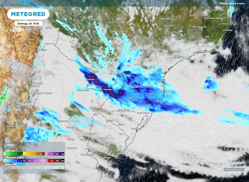 Chuva domingo. Mapa de previsão de chuva para a tarde de domingo (30).