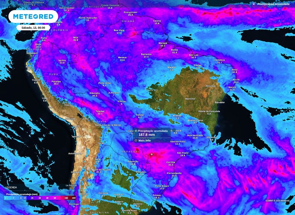 Precipitação acumulada. Mapa de precipitação acumulada entre quarta (10) e sexta-feira (12).