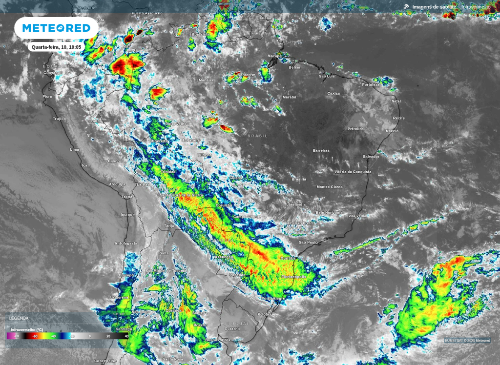 Imagem de satélite. Imagens de satélite do canal infravermelho (10.3 µm) desta manhã de quarta-feira (10).