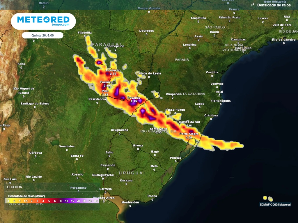 previsão, ecmwf, densidade de raios