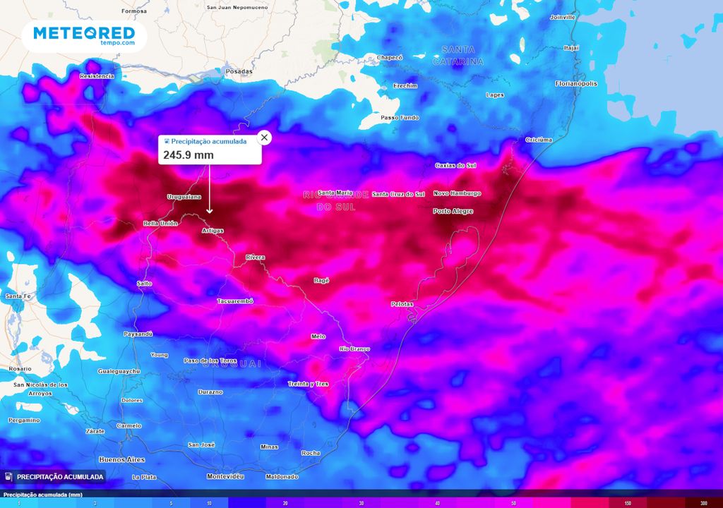 Mapa de acumulados de chuva totais sobre o Rio Grande do Sul até o início da terça-feira dia 26.